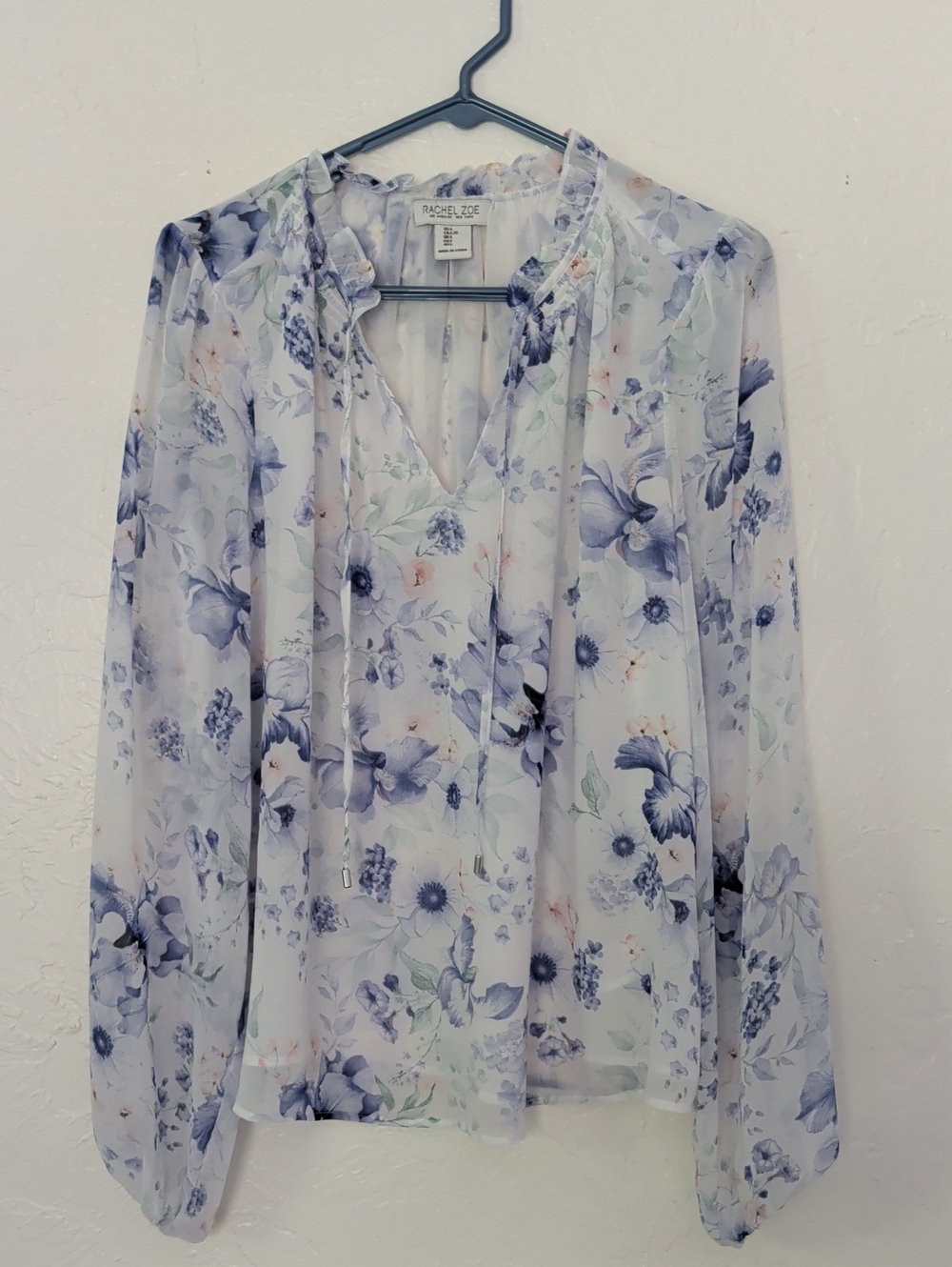 Rachel Zoe Sheer Floral Tie-Neck Blouse — Light Blue & White